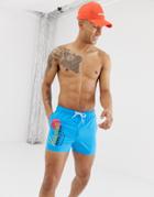 Asos Design Swim Shorts In Blue With Retro Sports Print In Short Length - Blue