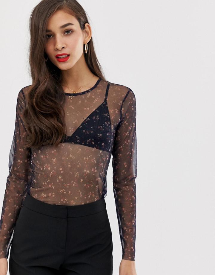 Y.a.s Lorella Floral Print Mesh Long Sleeved Top - Navy