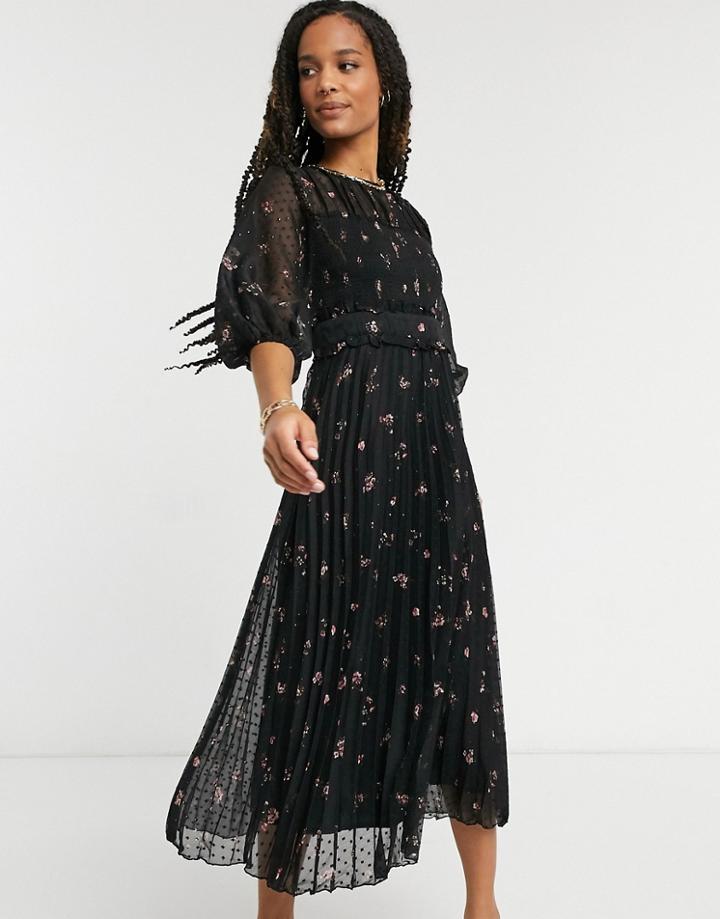 Asos Design Dobby Pleated Shirred Midi Dress In Playful Floral Print-multi