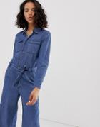 Only Denim Button Through Wide Leg Jumpsuit-blue