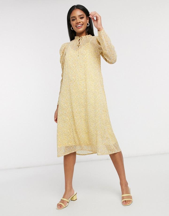 Vero Moda Aware Chiffon Midi Dress With Volume Sleeve In Yellow Ditsy Floral-multi