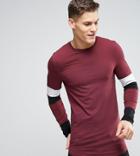 Asos Tall Longline Muscle Fit Long Sleeve T-shirt With Paneled Sleeves And Curved Hem - Red