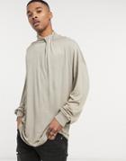 Asos Design Oversized Long Sleeve T-shirt In Viscose With Neck Detail In Beige-neutral