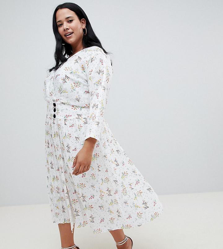 Asos Design Curve Pleated Maxi Dress With Side Buttons In Ditsy Floral - Multi