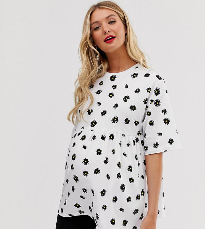 Asos Design Maternity Smock Top In Ditsy Print - White
