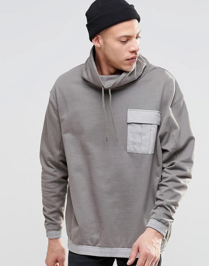 Asos Extreme Funnel Neck Sweatshirt With Woven Pockets & Drawstring Hem - Storm Cloud