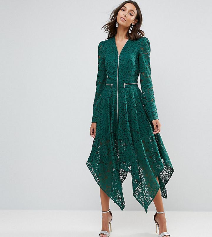 Asos Tall Lace Hanky Hem Zip Detail Midi Dress - Green