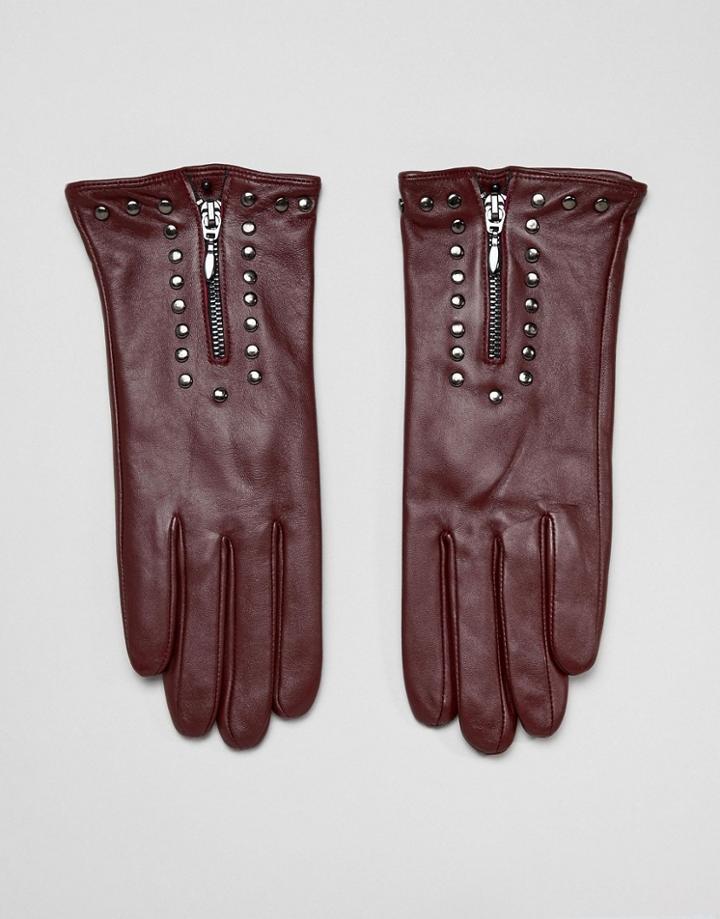 Barney's Originals Real Leather Gloves With Zip And Studs - Red