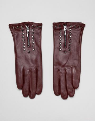 Barney's Originals Real Leather Gloves With Zip And Studs - Red