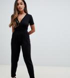 Asos Design Petite Wrap Front Jersey Jumpsuit With Short Sleeve-black