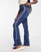 Topshop Y2k Lace Up Jamie Flare Cotton Blend Jean In Indigo - Mblue