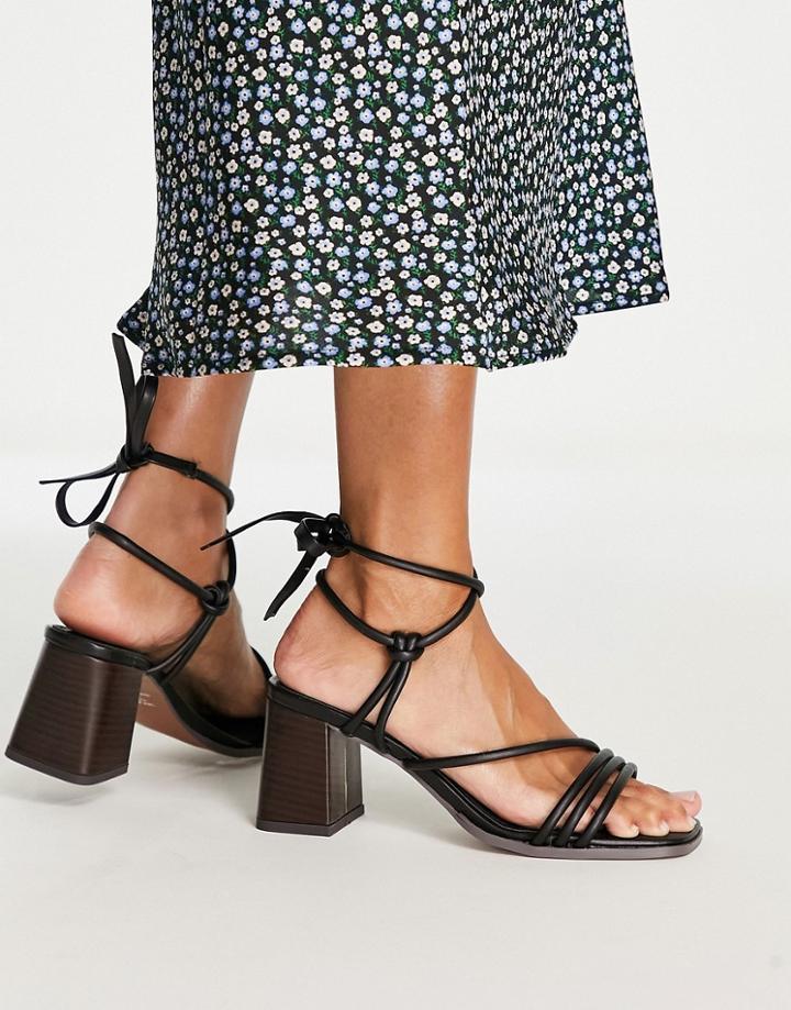 Asos Design Hollow Strappy Tie Leg Mid Heeled Sandals In Black