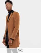 Gianni Feraud Tall Premium Wool Blend Single Breasted Classic Overcoat With Velvet Collar - Brown