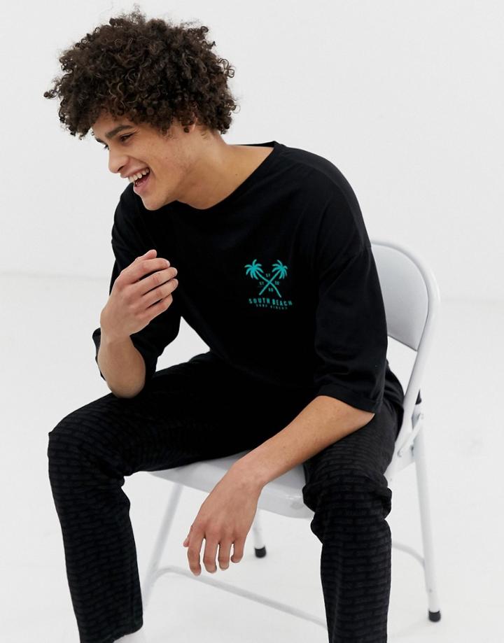 Asos Design Organic Cotton Oversized Longline T-shirt With Palm Tree Chest & Back Print With Rolled Half Sleeve - Black