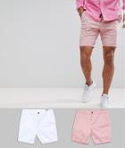 Asos Design 2 Pack Skinny Chino Shorts In Pastel Pink & White Save - Multi