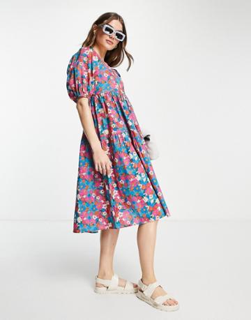 Lola May Puff Sleeve Tiered Midi Dress In Bold Floral Print-multi