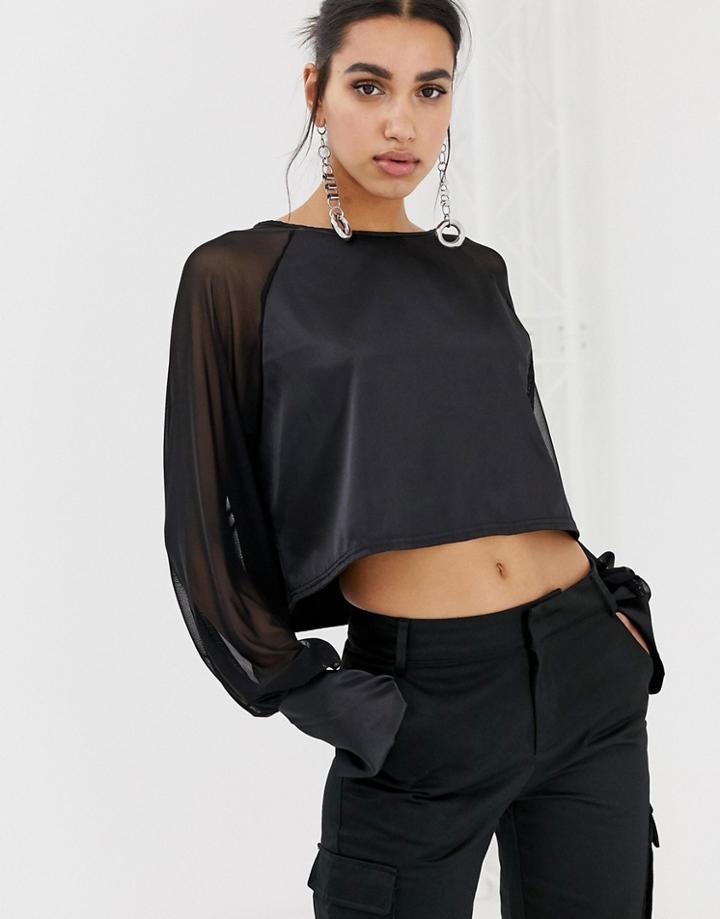 Prettylittlething Mesh Sleeve Satin Top In Black - Black