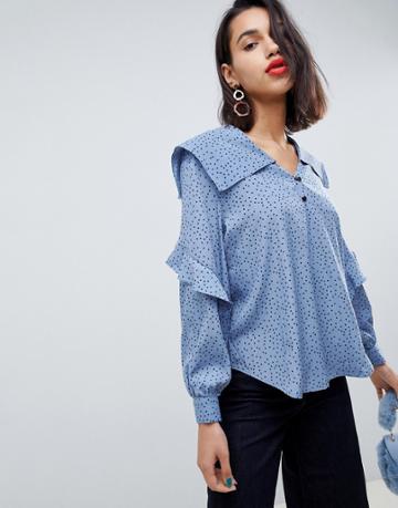 Side Party June Dotted Collar Ruffled Blouse - Blue
