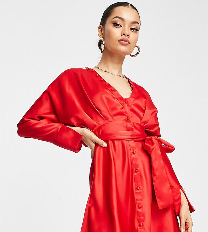 Asos Design Petite Satin Batwing Mini Dress With Button Detail And Tie Front In Red