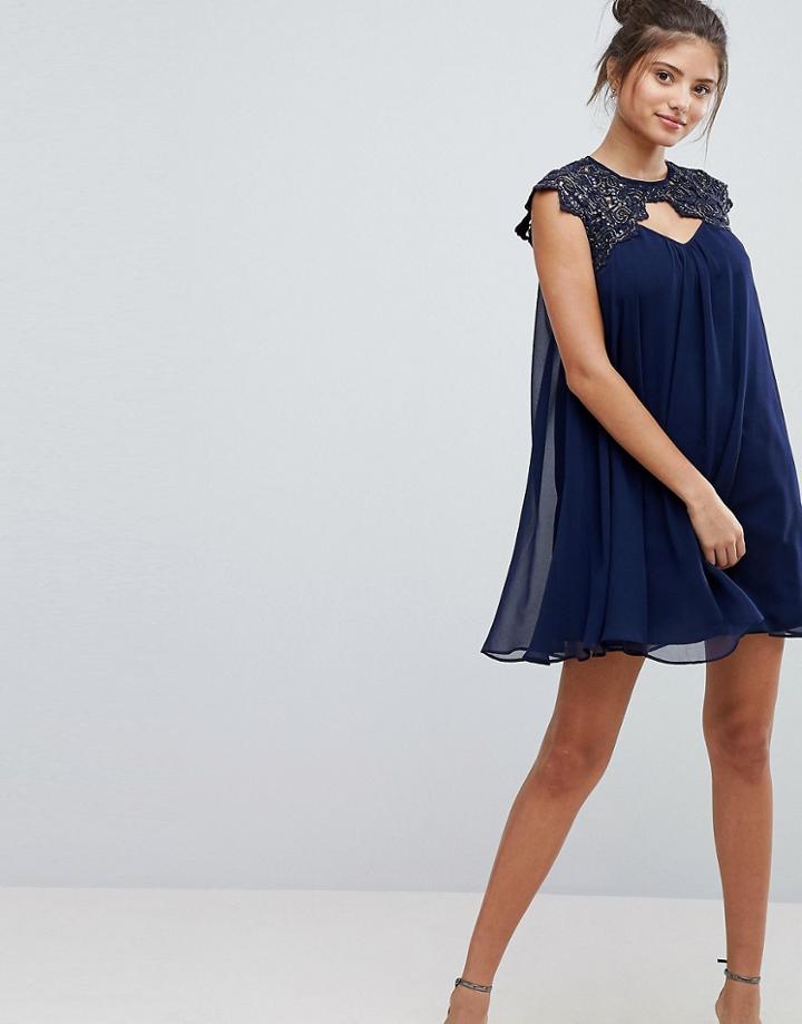 Lipsy Chiffon Shift Dress With Lace Upper - Navy