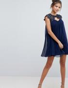 Lipsy Chiffon Shift Dress With Lace Upper - Navy