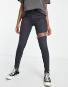 Topshop Jamie Jean With Thigh Rip In Washed Black