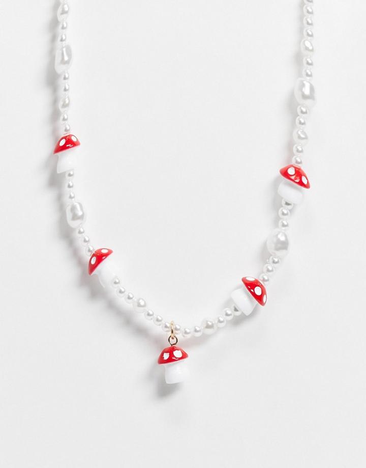 Asos Design Necklace With Pearl And Mushroom Beads-multi