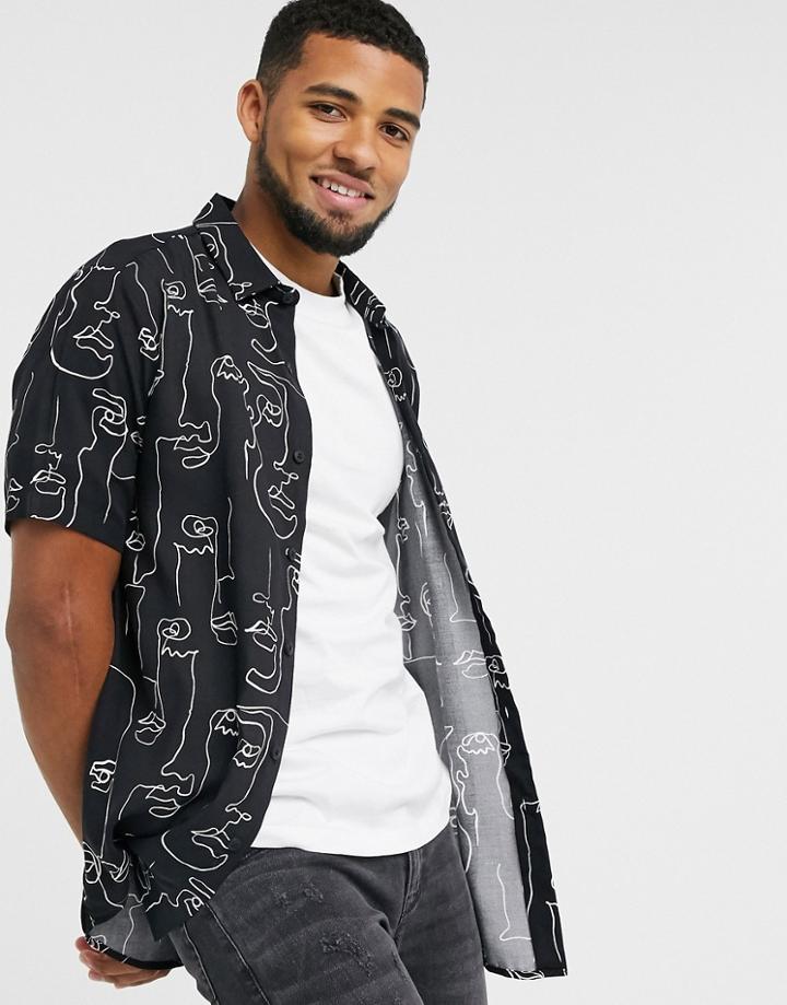 Asos Design Regular Fit Shirt With Scribble Face Print In Black