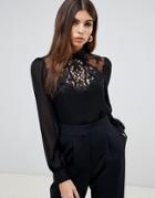 Lipsy High Neck Top With Lace Detail In Black - Black