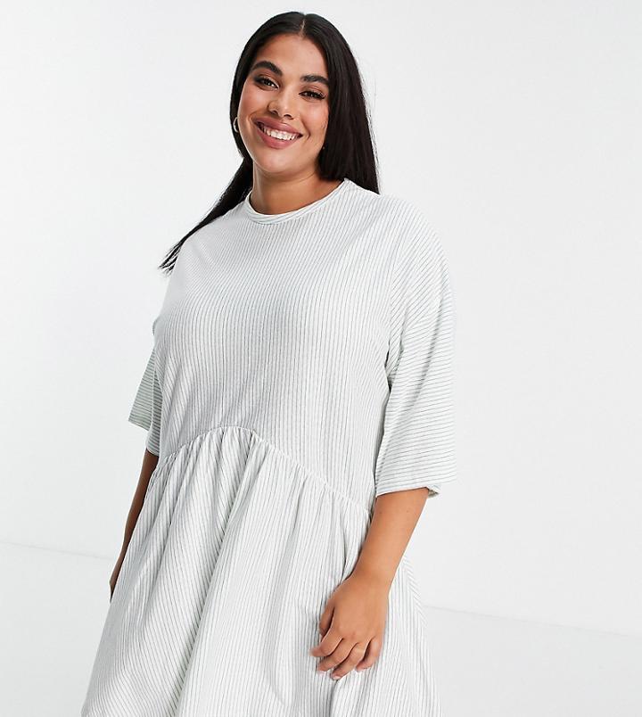 Asos Design Curve Oversized Mini Smock Dress With Dropped Waist In Sage And White Stripe-green