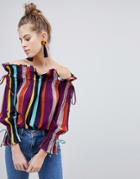 Boohoo Striped Bardot Tie Sleeve Top - Multi