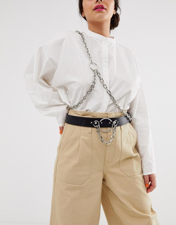 Asos Design Chain And Ring Waist Belt With Cross Body Chain Harness Detail - Black