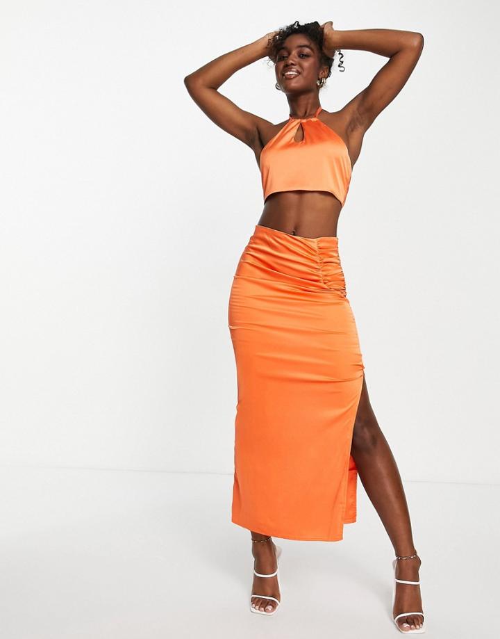 Peppermayo Satin Ruched Side Midi Skirt In Orange - Part Of A Set