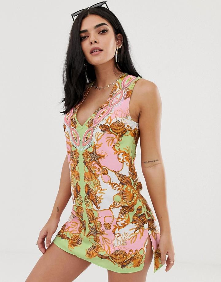 River Island Beach Dress In Scarf Print-multi