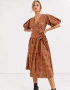Asos Design Wrap Midi Dress With Puff Sleeves In Check