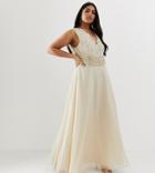 Asos Design Curve Maxi Dress With Drape Pearl And Sequin Bodice - Beige