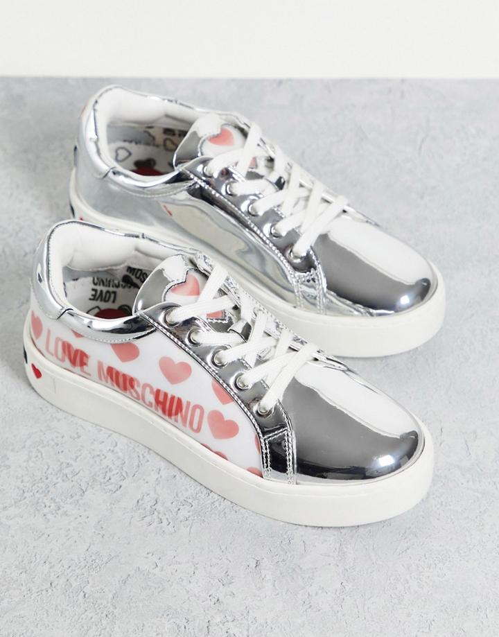 Love Moschino Multi Heart Print Sneakers In Silver White And Red