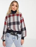 Violet Romance Fluffy Knit Roll Neck Oversized Sweater In Navy Check-multi