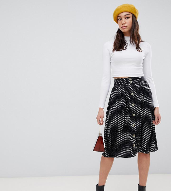 Influence Tall Button Front Midi Skirt In Polka Dot Print - Black