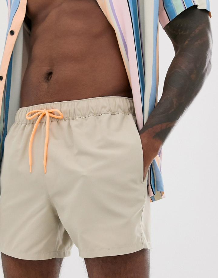 Asos Design Swim Short In Beige Gray With Contrast Drawcord Short Length