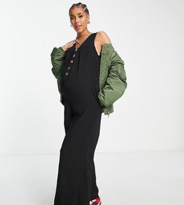 Fashion Union Maternity Button Down Beach Jumpsuit With Waist Tie Detail In Black-multi