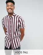 Asos Tall Regular Fit Stripe Shirt In Burgundy - Red