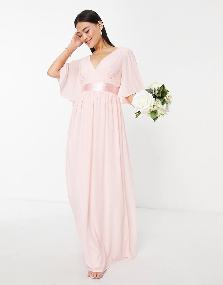 Tfnc Bridesmaid Kimono Sleeve Pleated Maxi Dress With Angel Sleeve In Whisper Pink