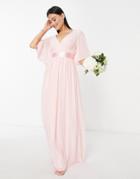 Tfnc Bridesmaid Kimono Sleeve Pleated Maxi Dress With Angel Sleeve In Whisper Pink