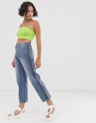 Asos Design Recycled Florence Authentic Straight Leg Jeans In Aged Vintage Wash With Side Zip Detail-blue