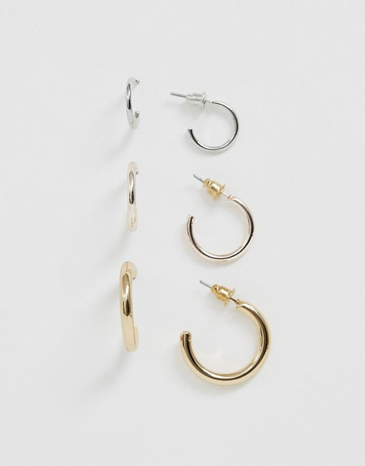 Miss Selfridge Mixed Metal Set Of 3 Hoop Earrings-multi
