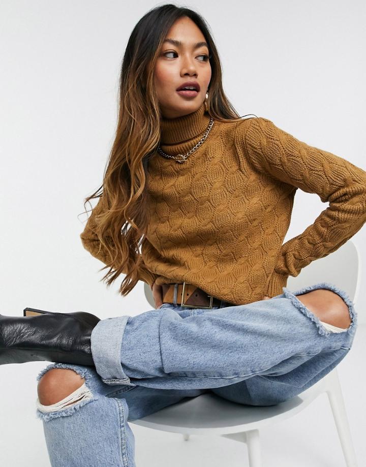 Vero Moda Cable Knit Sweater With Turtle Neck In Tan-brown