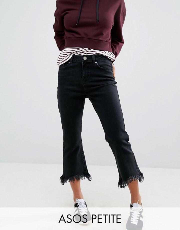Asos Petite Cropped Flare Jeans In Washed Black With Arched Raw Hem -