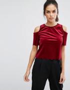 Daisy Street Cold Shoulder Velvet Scallop Top - Red