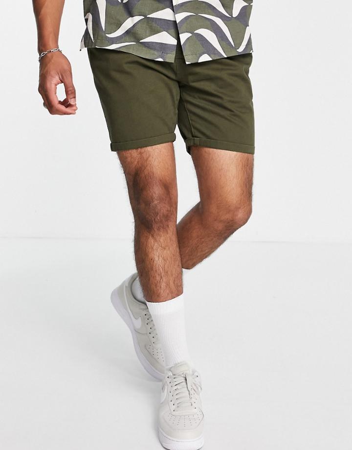 Brave Soul Elastic Waist Chino Shorts In Khaki-green